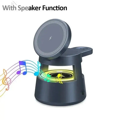 Magnetic 5-in-1 Wireless Charging Stand with LED Night Light and Bluetooth Speaker for MagSafe iPhone 12-16, Apple Watch Series 2-9, and AirPods 2-4