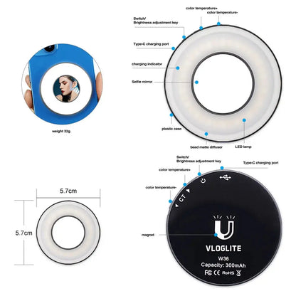 Magnetic Clip-On LED Ring Fill Light for MagSafe iPhone 12, 13, 14 and Android Phones - Rechargeable Selfie Light with Adjustable Brightness and Color Temperature