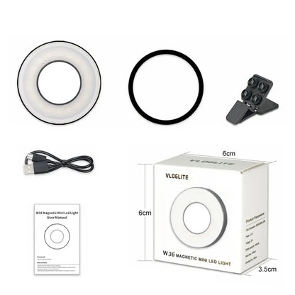 Magnetic Clip-On LED Ring Fill Light for MagSafe iPhone 12, 13, 14 and Android Phones - Rechargeable Selfie Light with Adjustable Brightness and Color Temperature