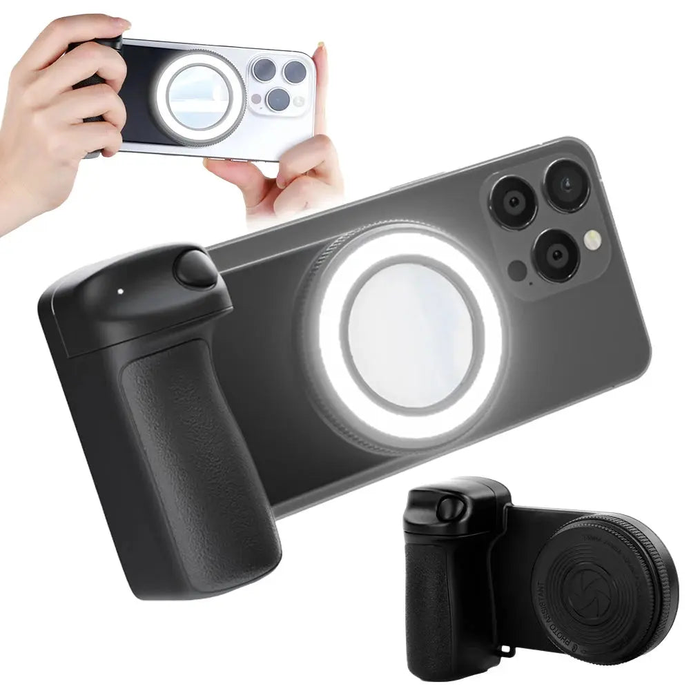 Magnetic Magsafe Bluetooth-Compatible Camera Shutter Grip with Adjustable Fill Light and Reflective Mirror for iPhone and Android Smartphones