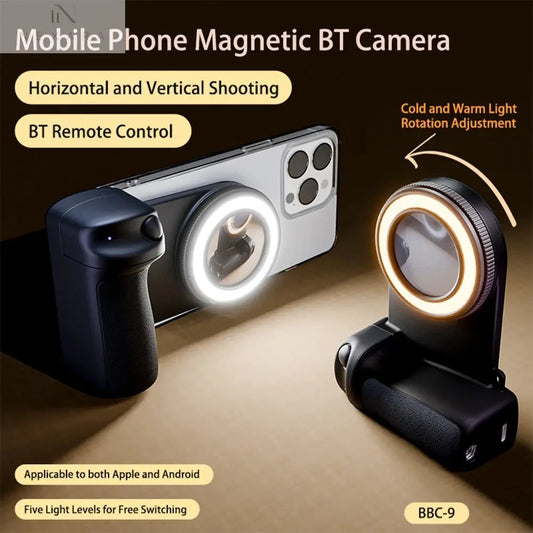Magnetic Magsafe Bluetooth-Compatible Camera Shutter Grip with Adjustable Fill Light and Reflective Mirror for iPhone and Android Smartphones