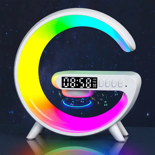 Multifunctional Bluetooth Speaker with RGB Night Light and 15W Fast Wireless Charging Station for iPhone, Samsung, and Xiaomi