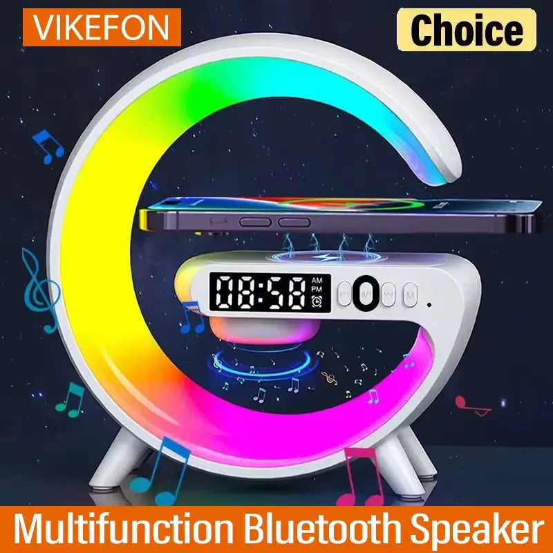 Multifunctional Bluetooth Speaker with RGB Night Light and 15W Fast Wireless Charging Station for iPhone, Samsung, and Xiaomi
