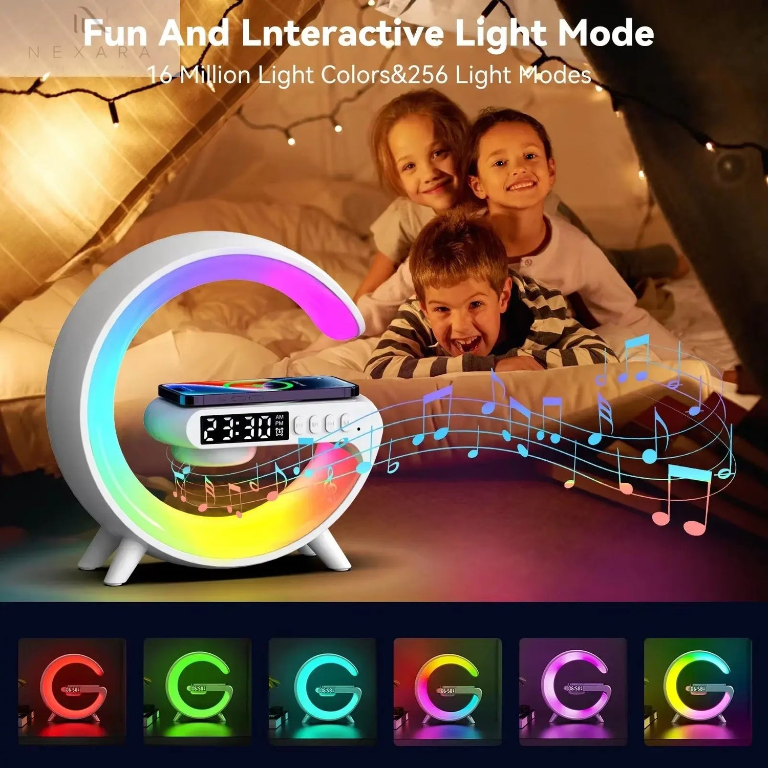 Multifunctional Bluetooth Speaker with RGB Night Light and 15W Fast Wireless Charging Station for iPhone, Samsung, and Xiaomi