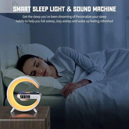 Multifunctional Bluetooth Speaker with RGB Night Light and 15W Fast Wireless Charging Station for iPhone, Samsung, and Xiaomi