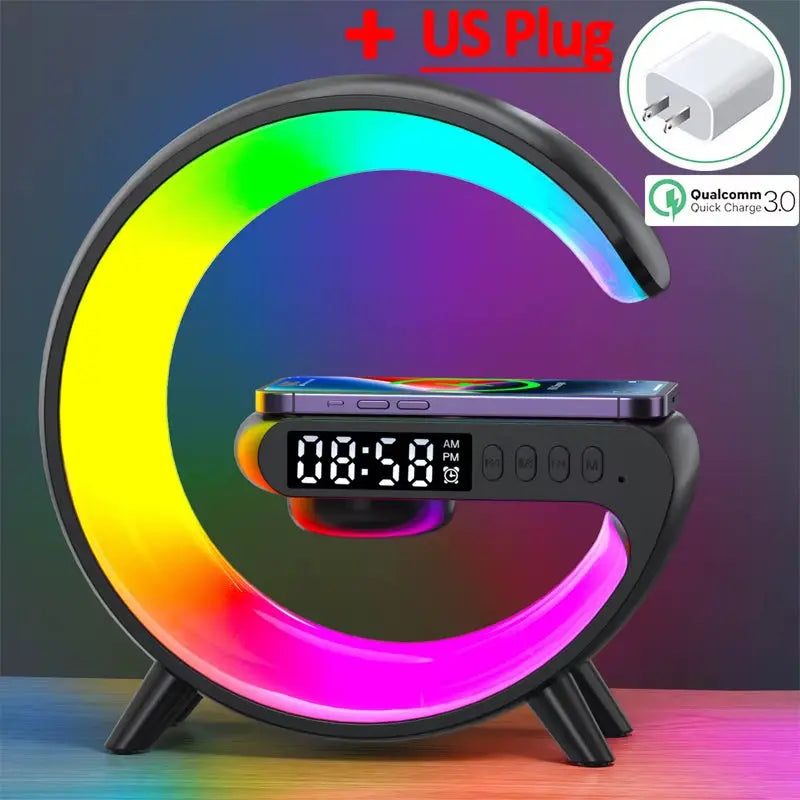Multifunctional Bluetooth Speaker with RGB Night Light and 15W Fast Wireless Charging Station for iPhone, Samsung, and Xiaomi