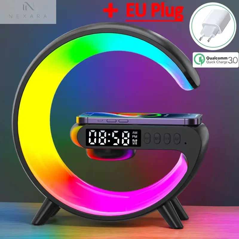 Multifunctional Bluetooth Speaker with RGB Night Light and 15W Fast Wireless Charging Station for iPhone, Samsung, and Xiaomi