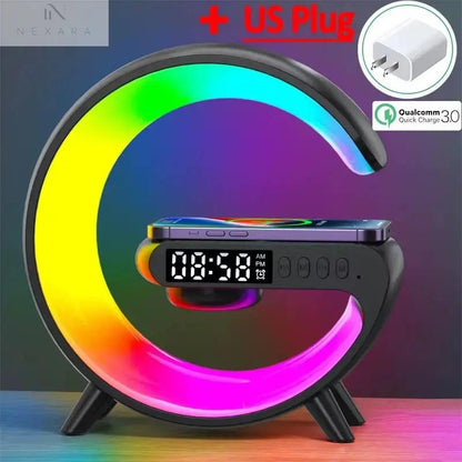 Multifunctional Bluetooth Speaker with RGB Night Light and 15W Fast Wireless Charging Station for iPhone, Samsung, and Xiaomi