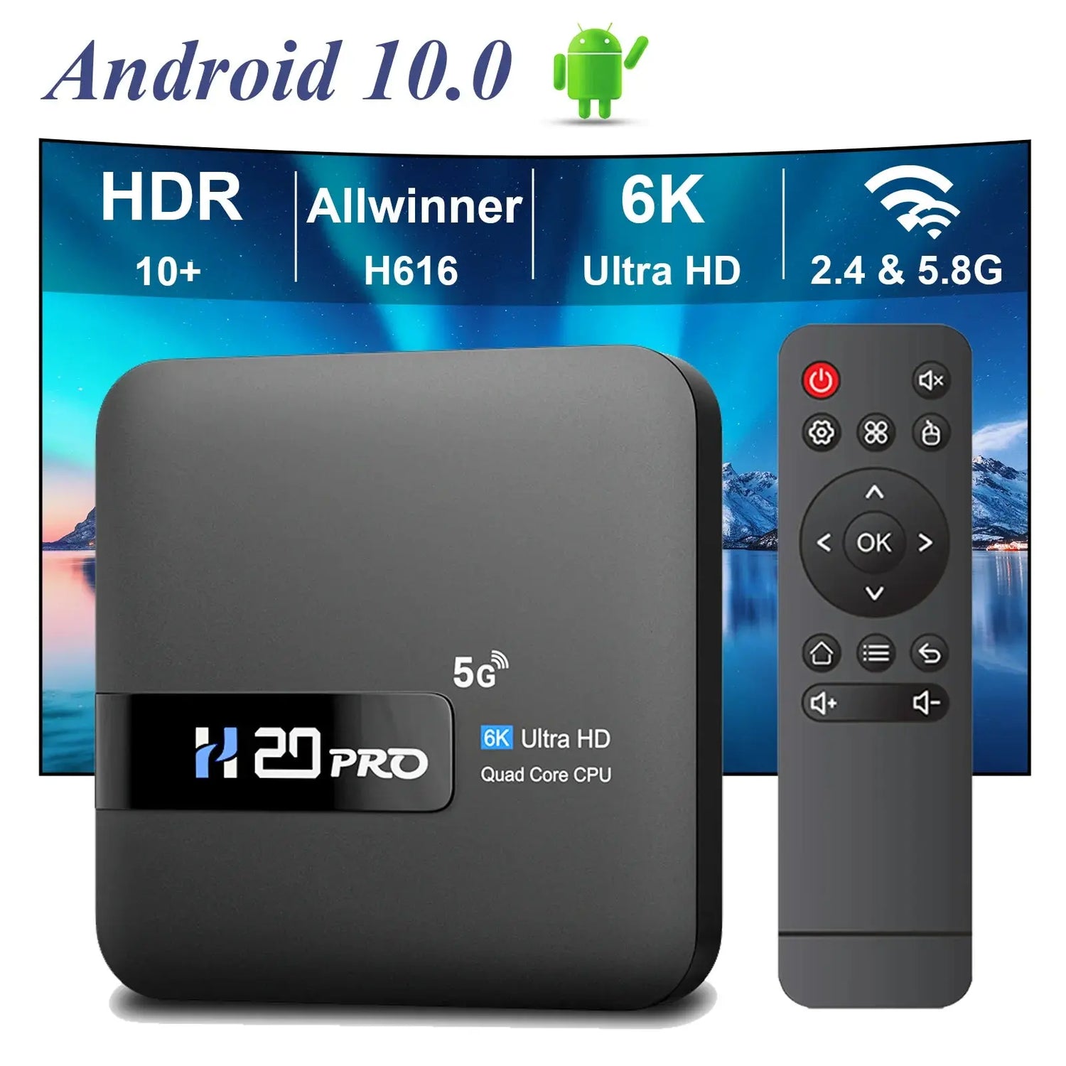 H20PRO Android 10 TV Box with 16GB Storage, Dual Band Wi-Fi, 4K HD Video Playback, and 1080P Set Top Box Functionality