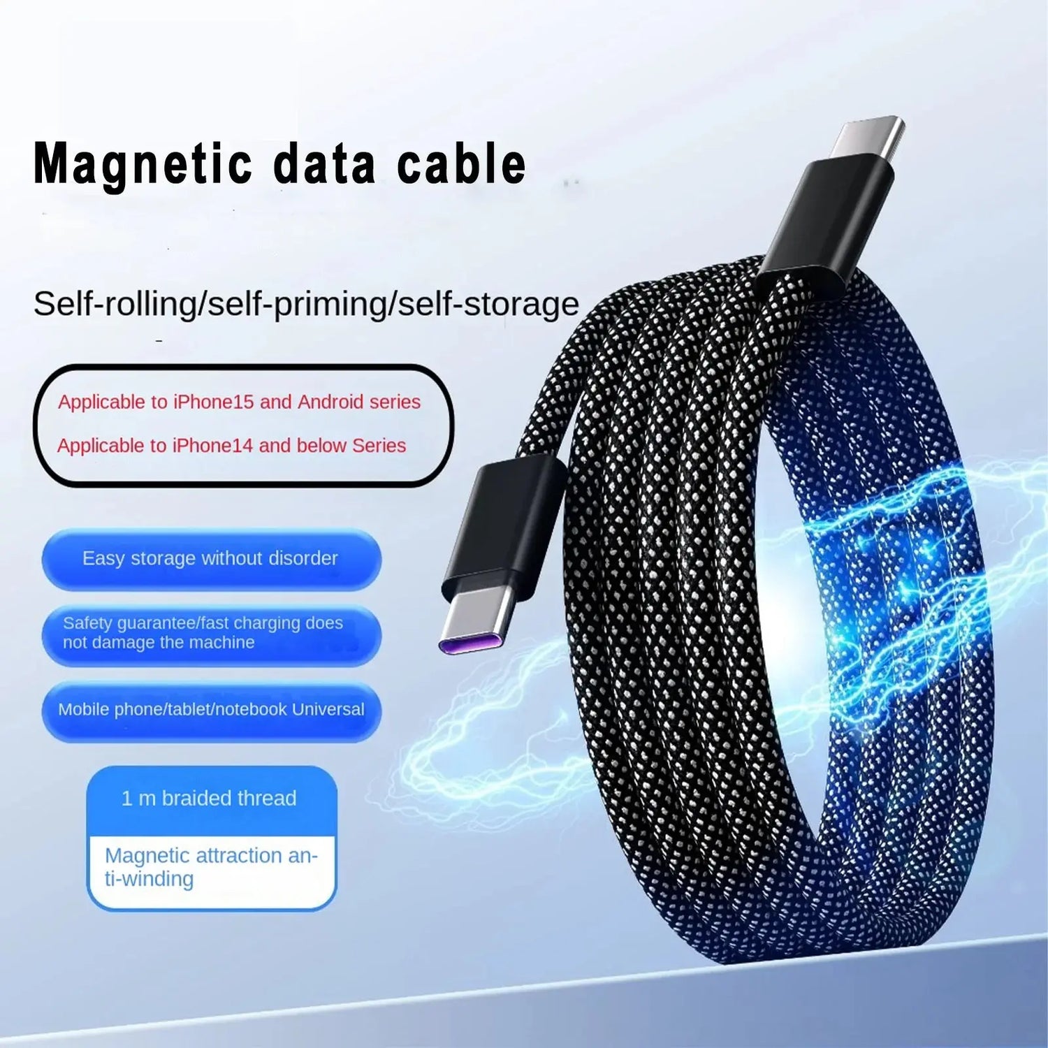 100W Magnetic USB-C Charging Cable, 1M Nylon Braided Fast Charge Cord